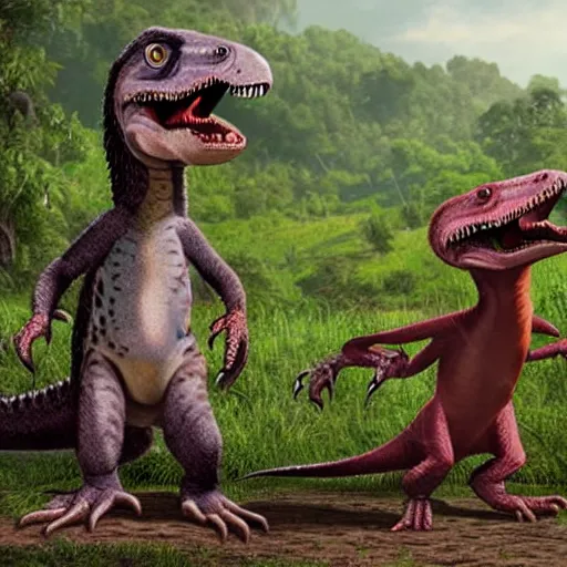 Prompt: two csotonyi paleoart velociraptors toasting glass of wine, in jurrasic park movie painted by pixar's up