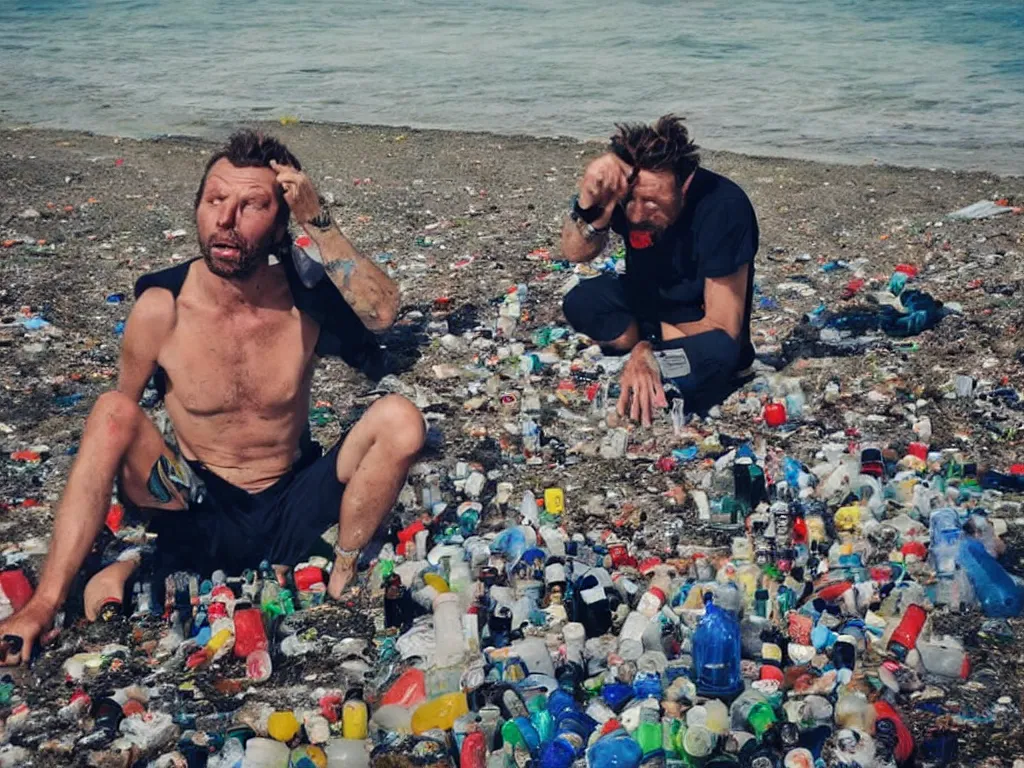 Image similar to jovanotti alone crying surrounded by plastic bottles and garbage on a beach near the adriatic sea, hate, pollution, polaroid color photo, ultra realistic