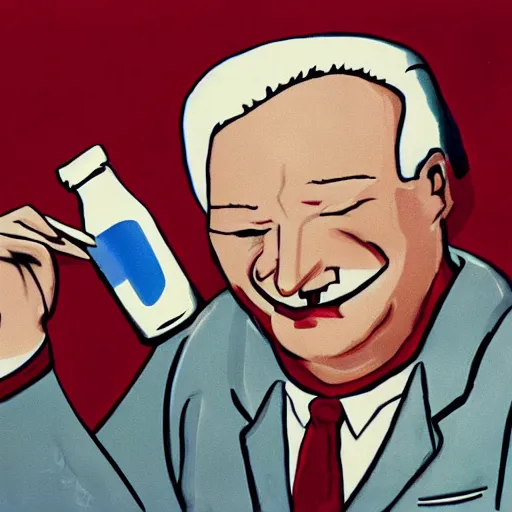 Prompt: yeltsin with red eyes holding a bottle of vodka, scary art in color