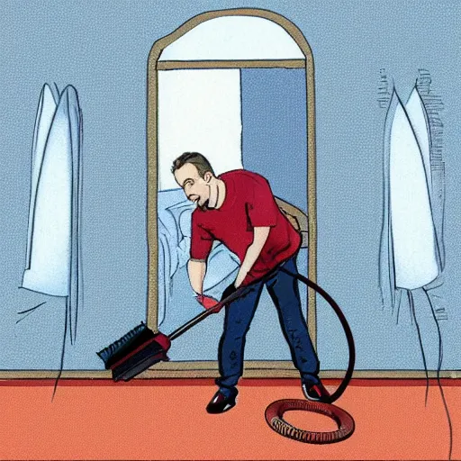 Prompt: Jordan Peterson cleans his room with a vacuum, motivational poster, inspirational art, high detail, realistic, mid shot, open, sharp