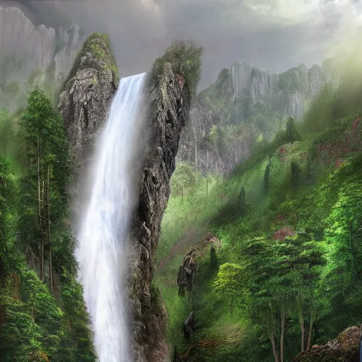 Image similar to photorealistic fantasy digital art depicting a very - distant aerial view of the world's tallest waterfall. the waterfall emerges from a cliff at the peak of the world's tallest mountain, and it falls to the base of the mountain into a lake. the waterfall is unbelievably tall, and the mountain is extremely steep and narrow. there is a city surrounding the lake.