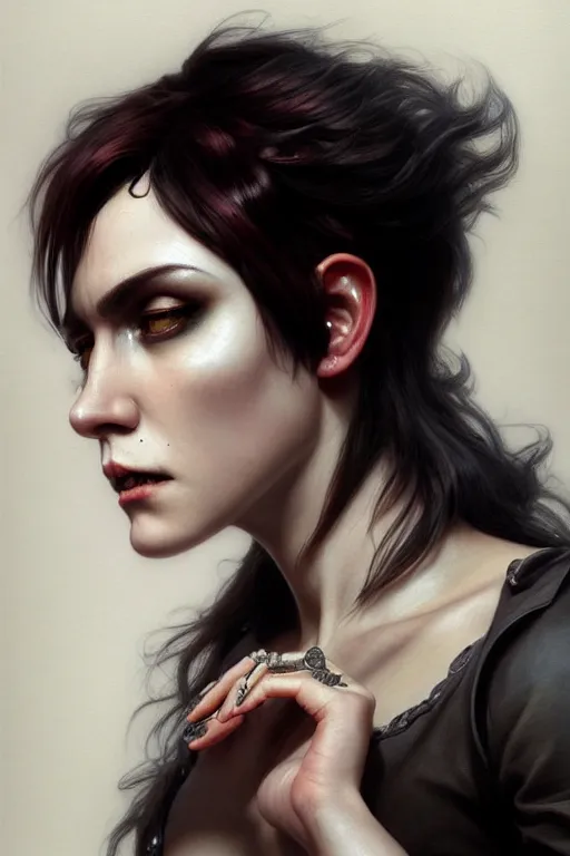 Image similar to photorealistic portrait of a young butch vampire woman, handsome, female, masculine, upper body, fantasy, fierce, sharp features, intricate, elegant, highly detailed, digital painting, artstation, concept art, matte, sharp focus, illustration, art by artgerm and greg rutkowski and alphonse mucha