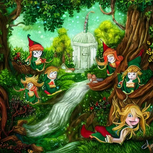 Prompt: highly detailed commune of hedonist elves. the elves are carefree and playful. digitally painted forest scene. The elves each have the face of famous musician Ed Sheeran. pixiv, artbreeder. high quality art