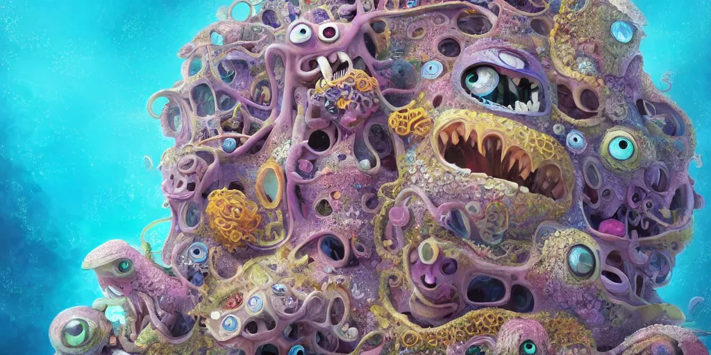 Prompt: of an intricate sea reef with strange cute friendly happy creatures with huge eyes, mouth, long tongue, round teeth and goofy face, appearing from the background, in the style of gehry and gaudi, macro lens, shallow depth of field, ultra detailed, digital painting, trending artstation, concept art, illustration, cinematic lighting, photorealism, epic, octane render