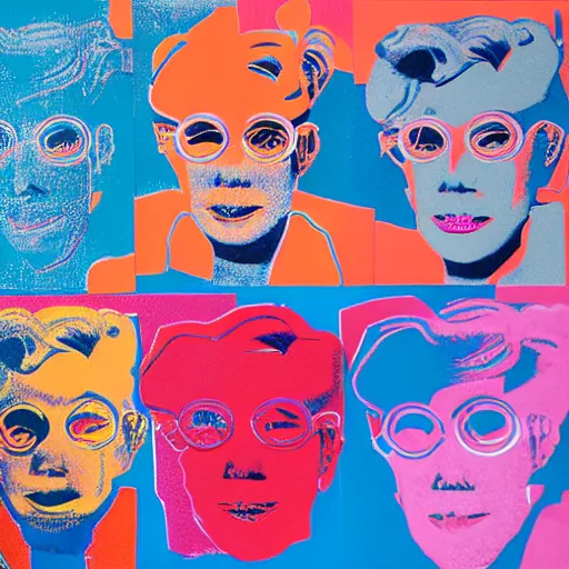 Image similar to silkscreen and lithography to create colorful cyborgs in the style of andy warhol