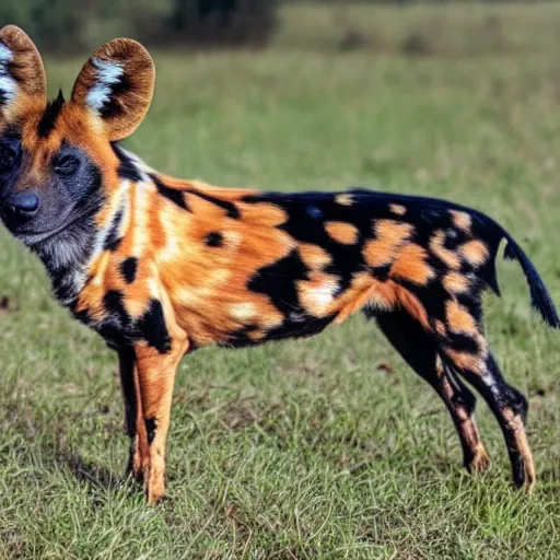 Prompt: A photo of the world's greatest sheriff: an african painted dog wearing a hat!