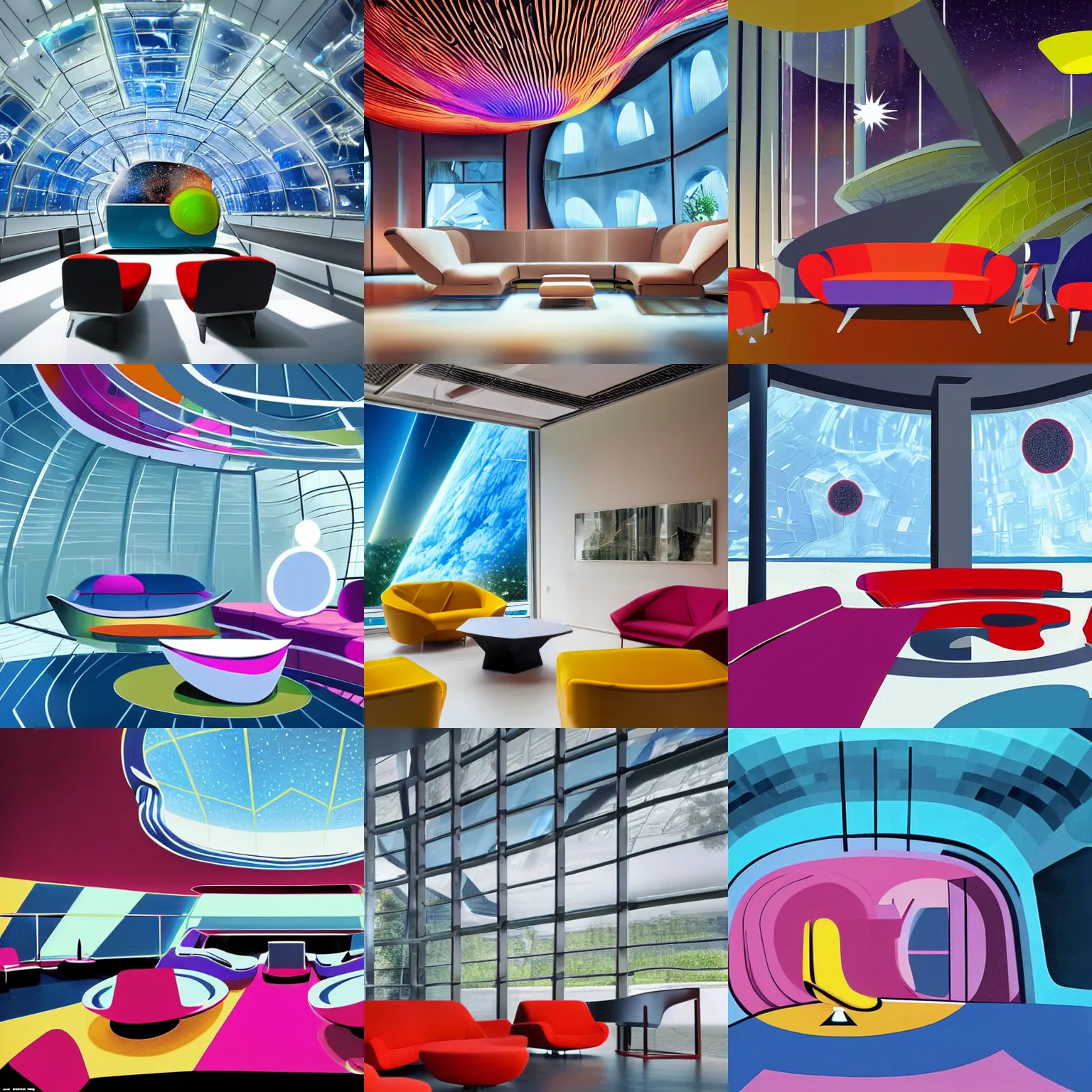 Prompt: ultra modern concept design of a vast spaceship interior, futuristic chairs and sofas can be seen in the foreground, a large colorful nebula can be seen from a window, large plants in the background, in the style of László Moholy-Nagy, wide angle shot