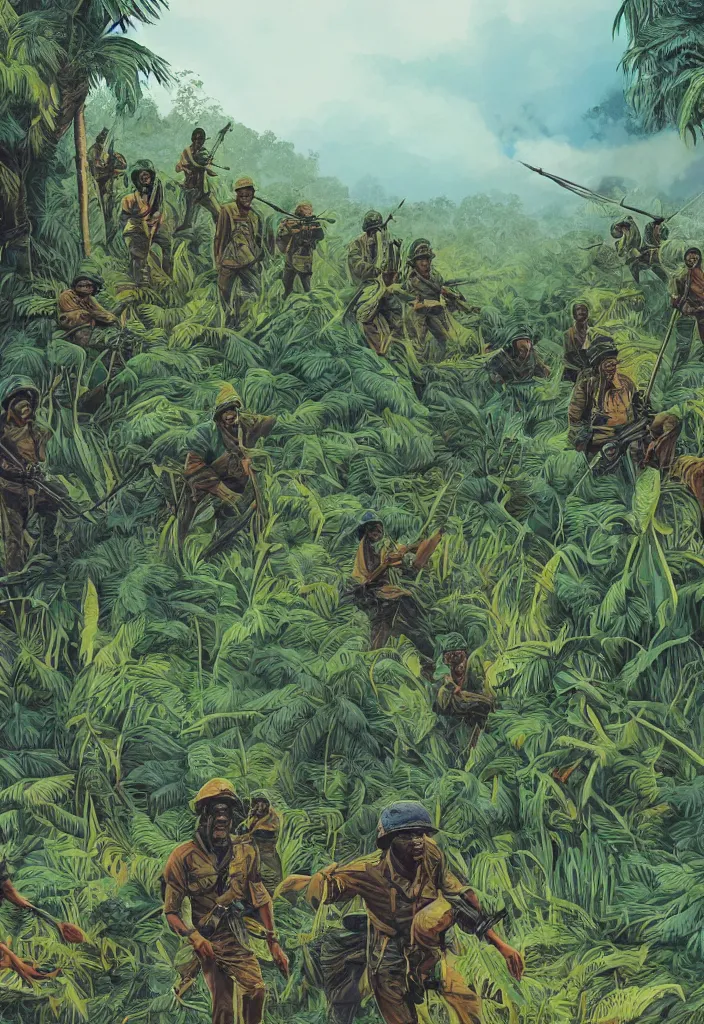 Image similar to handmade illustration of an epic Vietnam war scene with a few Rastafarian Jamaican soldiers walking, the jungle at the background, some smoke and fire, blue sky with dramatic clouds, line art, ink, watercolor by Kilian Eng and by Jake Parker, heavy brushstrokes, winning-award masterpiece, fantastic, octane render, 8K HD Resolution, High quality image