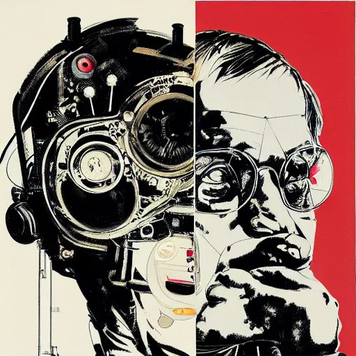 Prompt: portrait of stephen hawking as a stempunk cyborg, clockwork automaton, hanafuda oil on canvas by ivan shishkin, james jean and yoji shinkawa