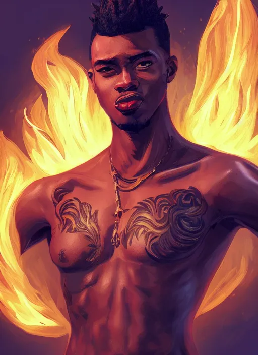 Prompt: a highly detailed illustration of attractive young african guy with flat top hair, with flaming tattoos, dramatic standing pose, intricate, elegant, highly detailed, centered, digital painting, artstation, concept art, smooth, sharp focus, league of legends concept art, wlop