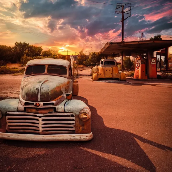 Image similar to a sunset light landscape with historical route 6 6, lots of sparkling details and sun ray ’ s, blinding backlight, smoke, volumetric lighting, colorful, octane, 3 5 mm, abandoned gas station, old rusty pickup - truck, beautiful epic colored reflections, very colorful heavenly, softlight