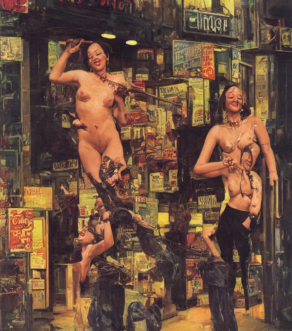 Image similar to standing portrait of ecstatic coi leray looking into the camera standing smoking a cigarette, warm street lights store front, 1 9 6 0 s technicolor, intricate, moody, personal, highly detailed, short focus depth, donato giancola, joseph christian leyendecker, frank frazetta, alex horley, ralph horsley, michael whelan, 2 0 0 mm focal length