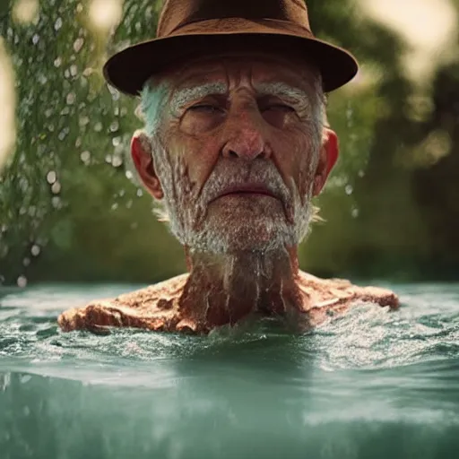 Prompt: full shot of an old man made of water, dripping, melting, photorealistic, cinematic lighting, 8 k, extremely detailed photograph by viviane sassen