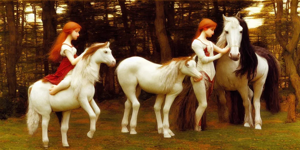 Image similar to 3 d precious moments plush horse, realistic fur, master painter and art style of john william waterhouse and caspar david friedrich and philipp otto runge