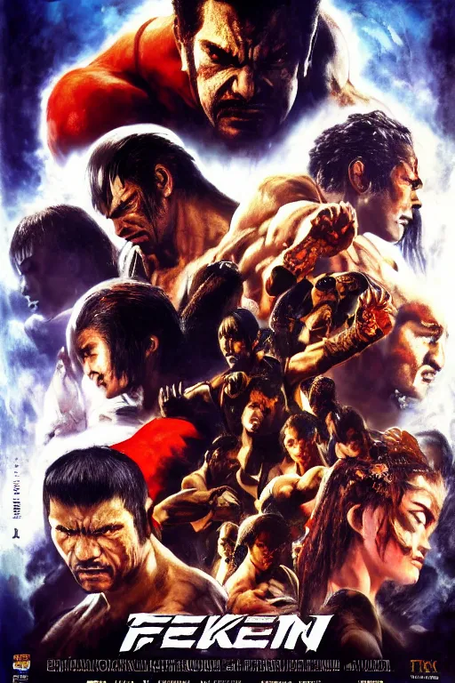 Prompt: Movie poster of Tekken, Highly Detailed, Dramatic, eye-catching, A masterpiece of storytelling, by frank frazetta, ilya repin, 8k, hd, high resolution print