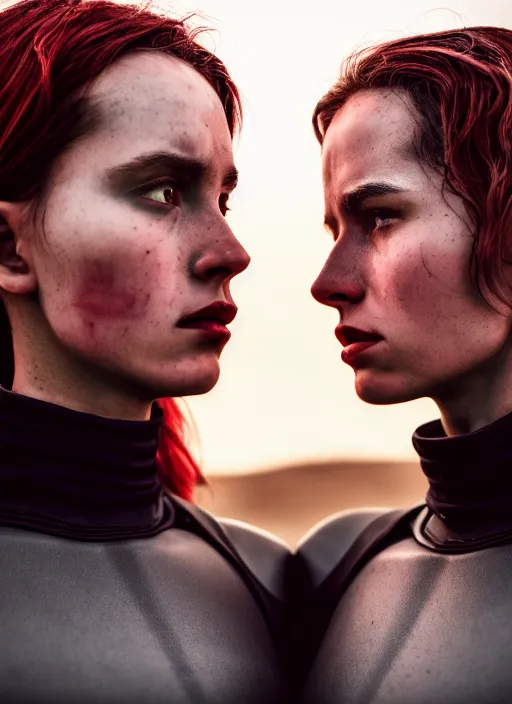 Image similar to cinestill 5 0 d photographic portrait of two sultry loving female androids wearing rugged black techwear on a desolate plain with a red sky, extreme closeup, cyberpunk style, garters, dust storm, 8 k, hd, high resolution, 3 5 mm, f / 3 2, ultra realistic faces, ex machina