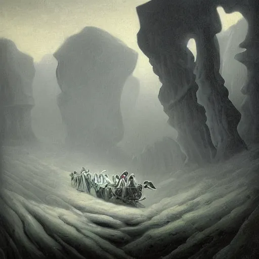 Prompt: A beautiful digital art of a coffin being carried by six men through an ethereal, otherworldly landscape. The coffin is adorned with a relief of a skull and crossbones, and the men are all wearing hooded cloaks. The landscape is eerie and foreboding, with jagged rocks and eerie, glowing plants. light by Marius Borgeaud, by Jennifer Rubell, by Piet Hein Eek Trending on artstation