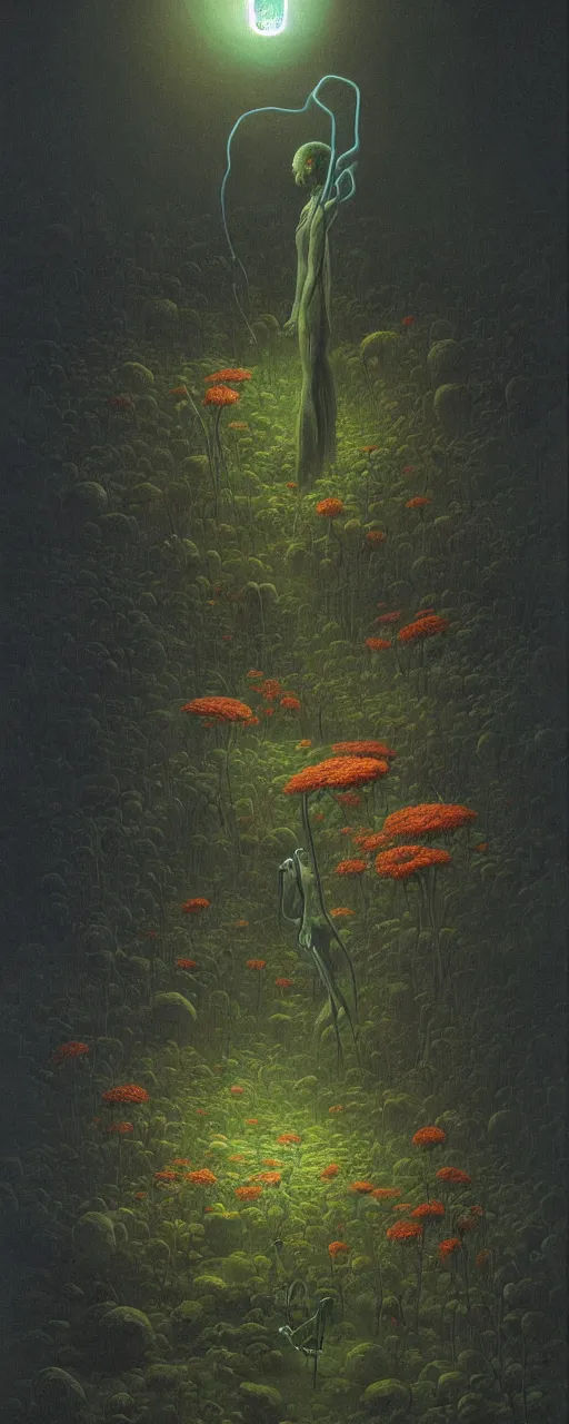 Image similar to a golemn gardening a bioluminescent dying flower, zdzislaw beksinski, arthur rachham, interior, 8 k, artstation