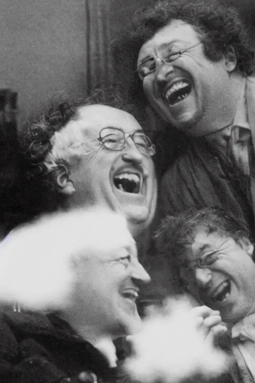 Prompt: close - up, photography of coluche and pierre desproges laughing, clouds everywhere