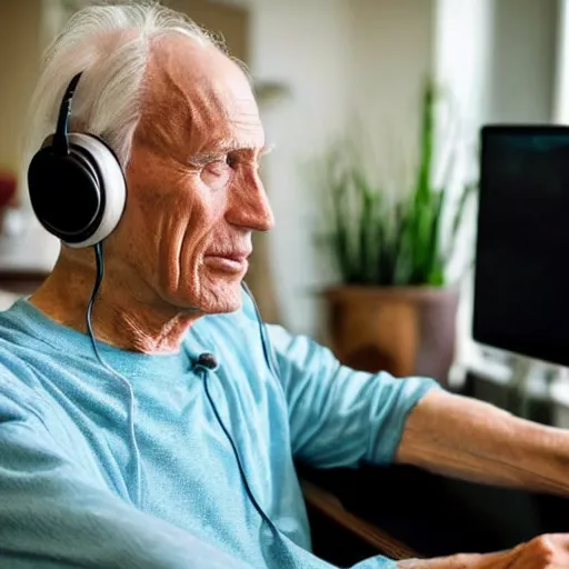 Image similar to A colored colorized real screenshot of Jerma985 as an elderly guy streaming on his computer while wearing headphones, taken in the early 2020s, taken on a 2010s Camera, realistic, hyperrealistic, very realistic, very very realistic, highly detailed, very detailed, extremely detailed, detailed, digital art, trending on artstation, headshot and bodyshot, detailed face, very detailed face, very detailed face, real, real world, in real life, realism, HD Quality, 8k resolution, intricate details, colorized photograph, colorized photon, body and headshot, body and head in view