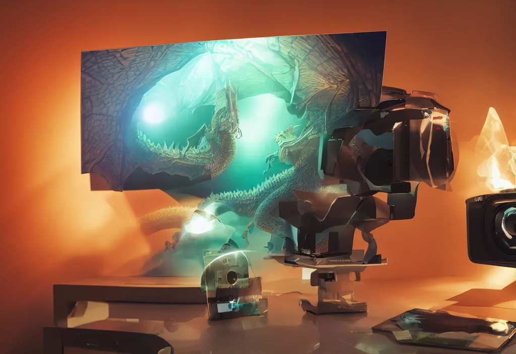 Image similar to 3 dtv dragon popping out of tv, volumetric lighting, bedroom, visor, users, pair of keycards on table, bokeh, creterion collection, shot on 7 0 mm, instax