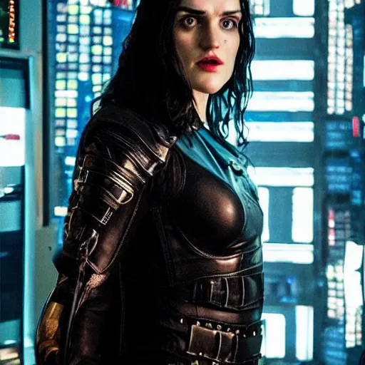 Image similar to Katie McGrath as Cyberpunk Morgana