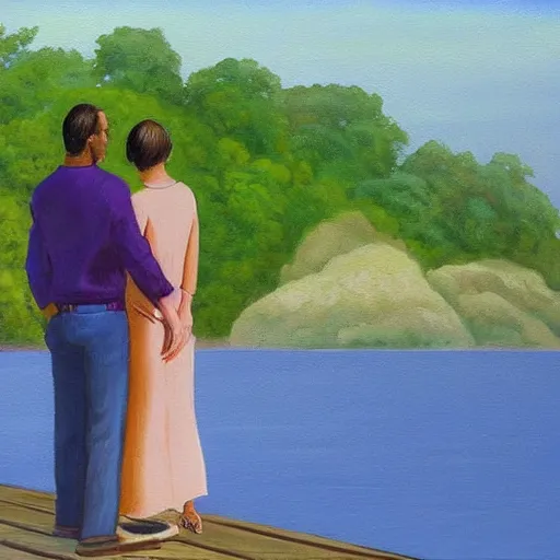 Prompt: A beautiful painting of a man and a woman are standing on a dock, looking out at a body of water. The woman has her hand on the man\'s shoulder, and they appear to be deep in conversation. The colors in the painting are muted, and the scene has a calming feeling. han purple, cell shading by Noah Bradley, by Roger Dean rendered in octane, AWESOME