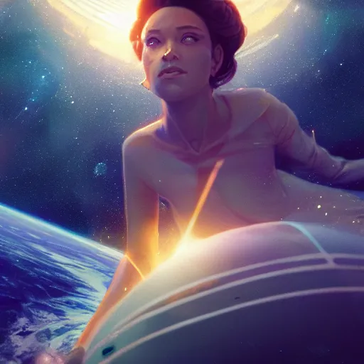 Image similar to a beautiful, powerful woman sitting in space, reaching her hand out toward the camera, emanating magic from her palms, cgsociety contest winner, illustrated by mike beeple winklemann, greg rutkowski, and gaston bussiere, space art, portrait art, artstation, 4 k, 8 k