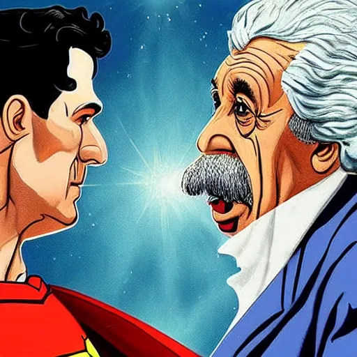 Image similar to a realistic colourful picture depicting a scene of superman and Albert Einstein aggressively debating general relativity