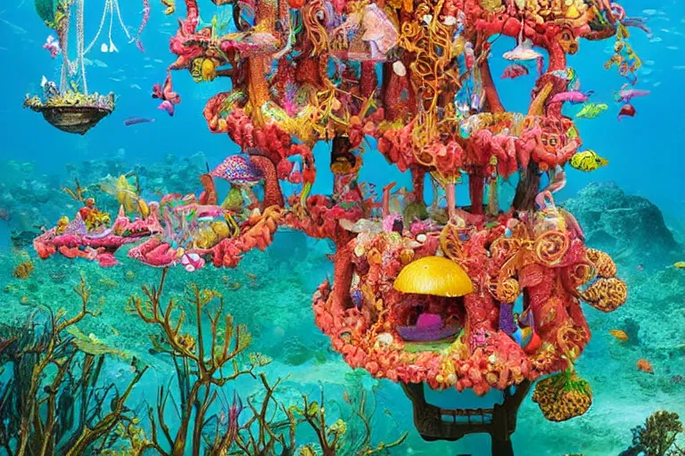 Image similar to an elaborate whimsical treehouse built under the sea, surrounded by colorful coral and dolphins, hyperdetailed photograph