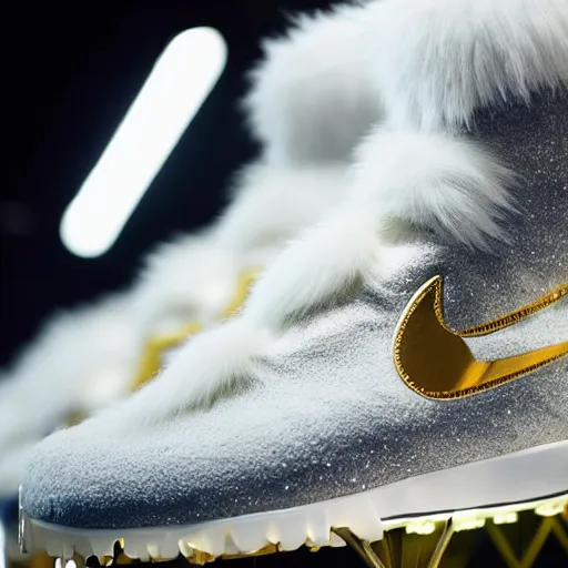 Image similar to nike shoe made of very fluffy white and gold faux fur placed on reflective surface, professional advertising, overhead lighting, heavy detail, realistic by nate vanhook, mark miner