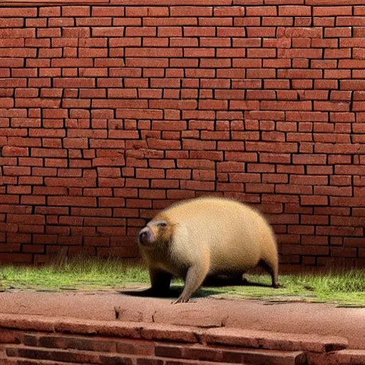 Prompt: Capybara breaking through brick wall, movie scene, bricks flying outwards