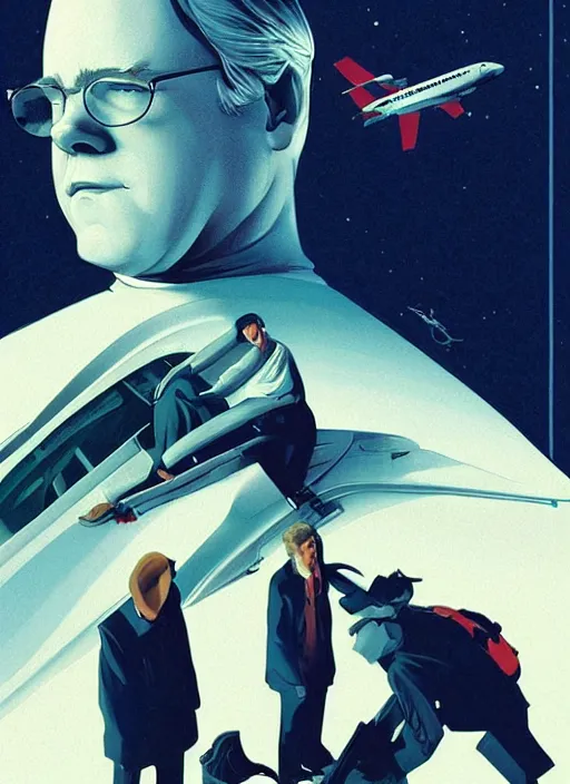 Prompt: poster artwork by Michael Whelan and Tomer Hanuka, Karol Bak of Philip Seymour Hoffman is an airline pilot, from scene from Twin Peaks, clean