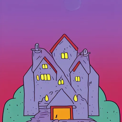 Image similar to hill with house, adventure time cartoon, adventure time style, adventure time by adam muto