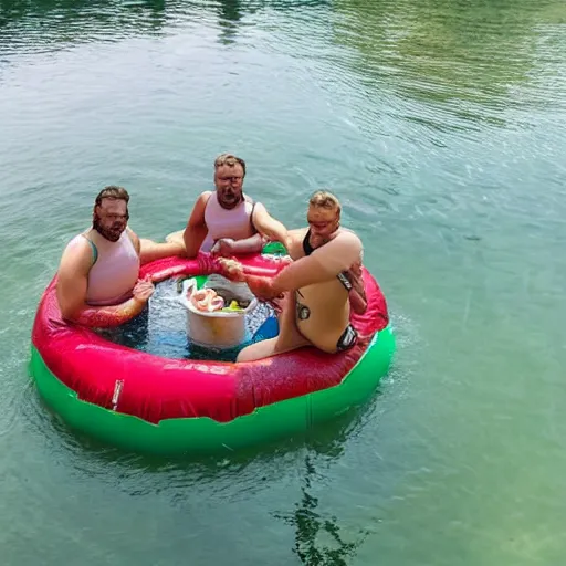 Image similar to a group of 4 people on 4 separate inner tubes floating on a river eating copious amounts of food