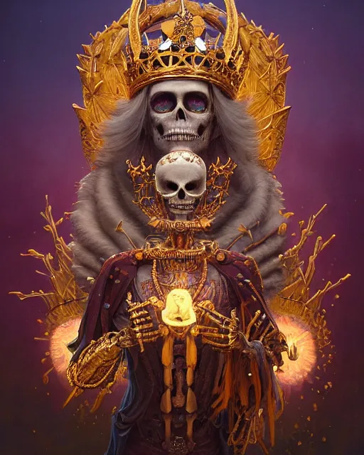 Prompt: highly detailed surreal vfx portrait of a sacred skeleton king with golden crown with rubies, stephen bliss, unreal engine, greg rutkowski, loish, rhads, beeple, makoto shinkai and lois van baarle, ilya kuvshinov, rossdraws, tom bagshaw, alphonse mucha, global illumination, detailed and intricate environment