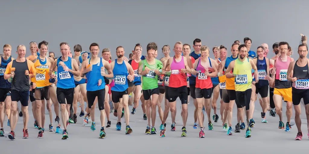 Prompt: photograph of long row of marathon runners, start line, advertising campaign, muted colours, studio backdrop, diverse people