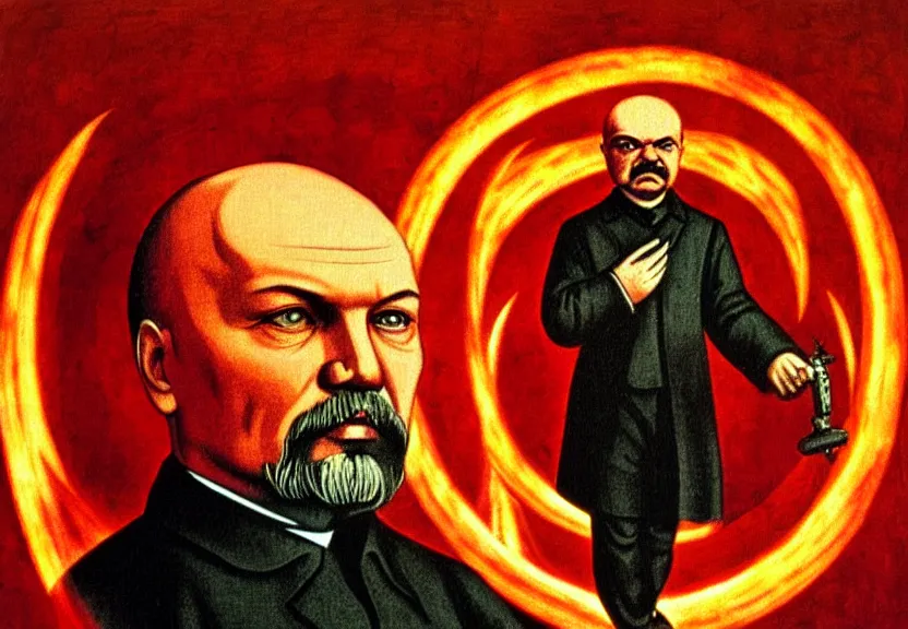 Image similar to lenin in hell, icon with a halo of fire, scary detailed art in color