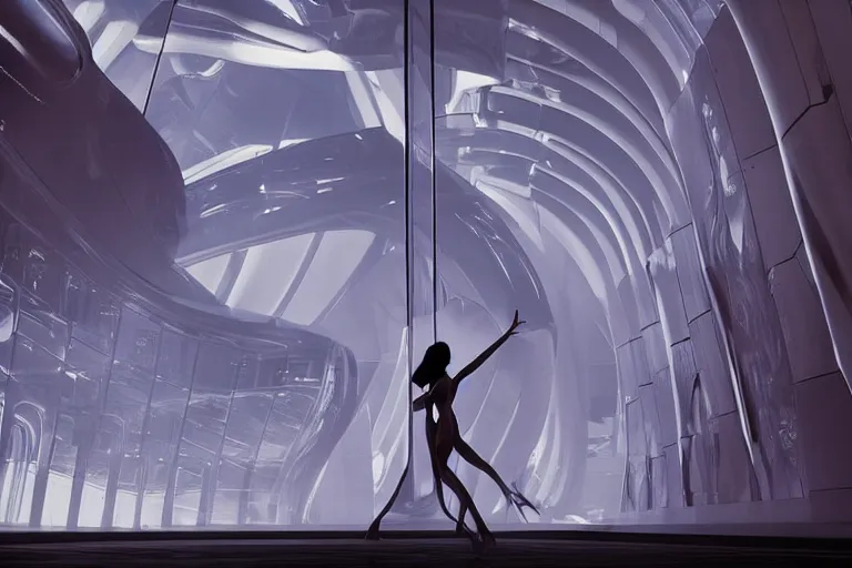 Image similar to vfx movie scene closeup portrait of beautiful blue skin skimpy alien woman dancing in sleek futuristic decadent spaceship pillars, futuristic ballroom. giant windows view of earth obit. by emmanuel lubezki