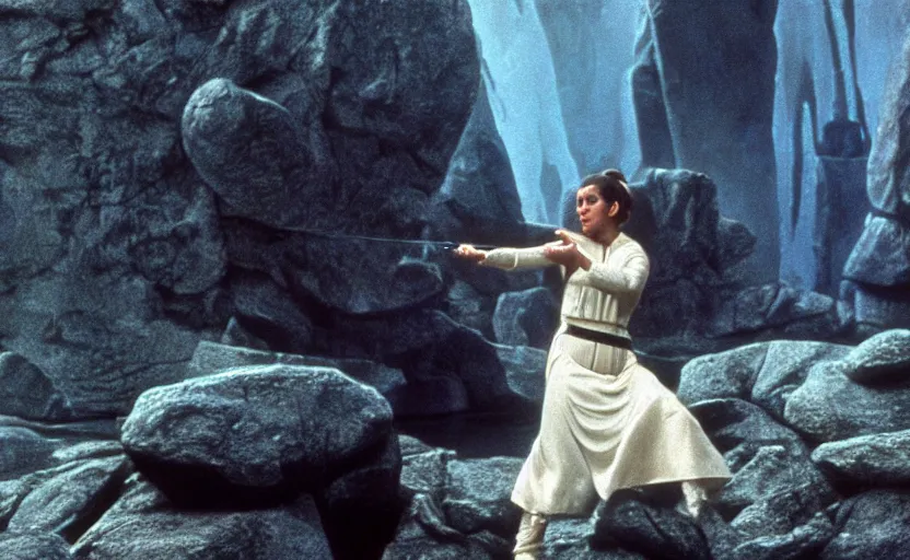 Image similar to portrait shot of Princess Leia lifting floating rocks outside a Jedi Temple scene from The Lost Jedi, 1970s film by Stanley Kubrick, serene, iconic scene, perfect shot of Carrie Fischer, stunning cinematography, hyper-detailed, sharp, anamorphic lenses, kodak color film, 4k