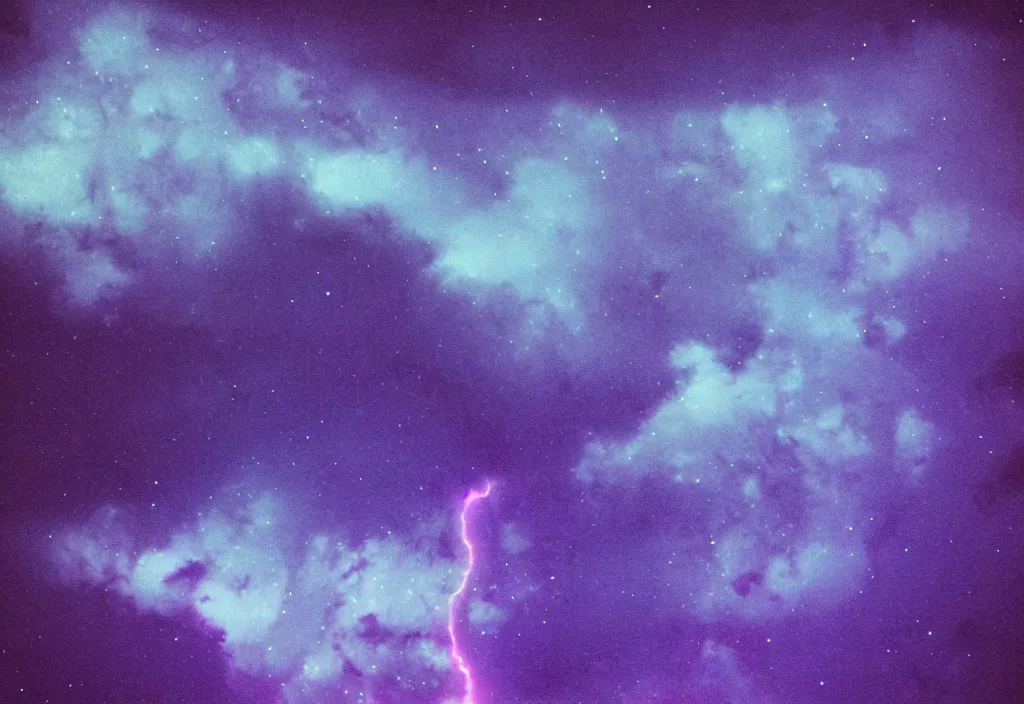 Image similar to purple color lighting storm with stormy sea,pirate ship firing its cannons with a water spout in the background. trippy nebula sky 50mm shot, fear and loathing movie