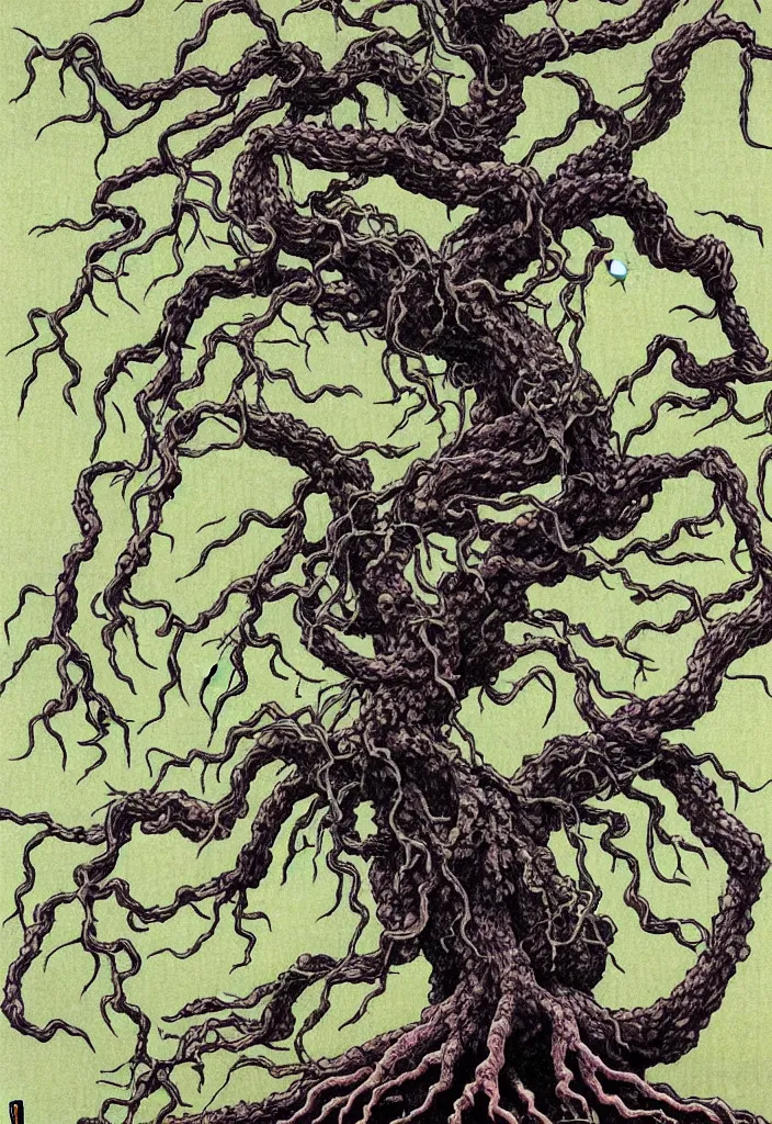 Prompt: prompt: magical white skeleton Bonsai tree squid creature roots merging into big moon drawn by Takato Yamamoto, bonsai skeleton, veins and organts attached to tree roots, alchemical objects inspired by 1980's sci-ci, intricate oil painting detail, manga 1980