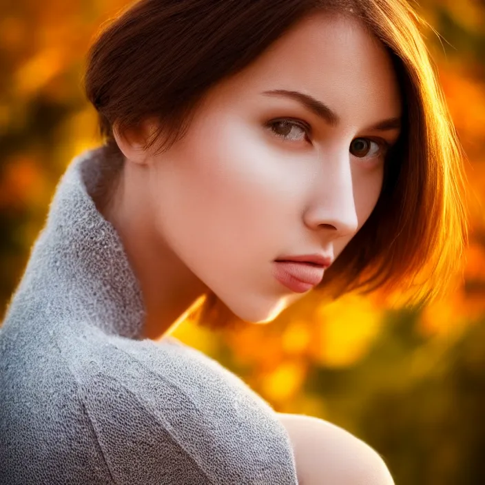 Image similar to portrait of a beautiful woman. very coherent symmetrical artwork. cinematic, hyper realism, high detail, 8k, soft autumn sunlight, natural background, 50 mm lens photography, 3/4 view portrait, full body