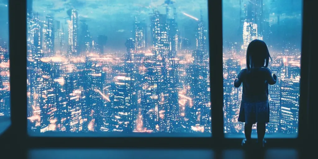 Image similar to overlooking on night city cyberpunk from floor to ceiling window, one little girl, beautiful hair at the back, looking out the window, liminal, cinematic, dreamscape