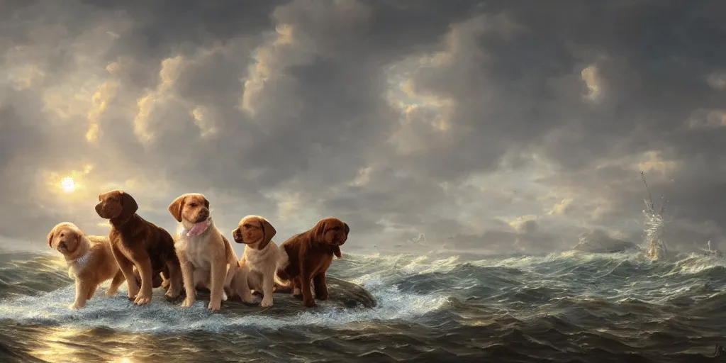 Image similar to a beautiful seascape with puppies, detailed, intricate, beautiful, masterpiece, trending on artstation