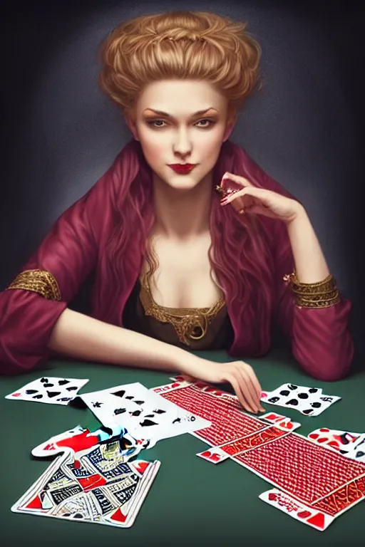 Prompt: very happy female magician looking the table full of playing cards, fantasy, intricate, elegant, highly detailed, digital painting, artstation, concept art, addiction, chains, smooth, sharp focus, illustration, art by ilja repin