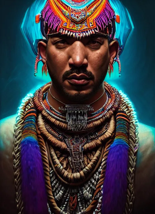 Image similar to portrait of laz alonso, hyper detailed ultra sharp aztec shaman warrior. trending on artstation, warpaint aesthetic, bloodwave, colorful, psychedelic, ornate, intricate, digital painting, concept art, smooth, sharp focus, illustration, art by artgerm and greg rutkowski and h. r. giger, 8 k