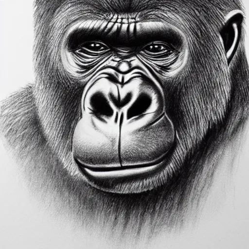 Prompt: very detailed graphite pen sketch of a gorilla smoking a pipe