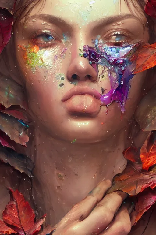 Prompt: face closeup of beautiful girl in intricate detailed color smashing fluid oilpaint, 3 d render, hyper realistic detailed portrait, color leaves, melting wax, broken glass, ruan jia, wlop. scifi, fantasy, hyper detailed, octane render, concept art, by peter mohrbacher, by wlop, by ruan jia