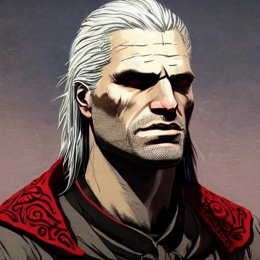 Prompt: portrait of geralt of rivia with bloody clothes, intricate face, cel shaded, edited in photoshop, scary, epic, ilya kuvshinov, krenz cushart, artgerm, trending on artstation, edward hopper, dan mumford, wlop, rutkowski, beksinski, carl spitzweg, moebius